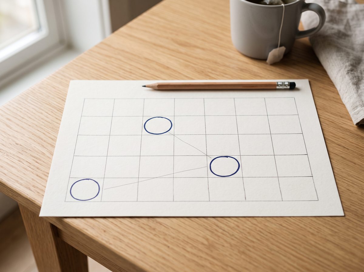 A paper calendar grid with three dates ringed in ink and a pencil line running between them
