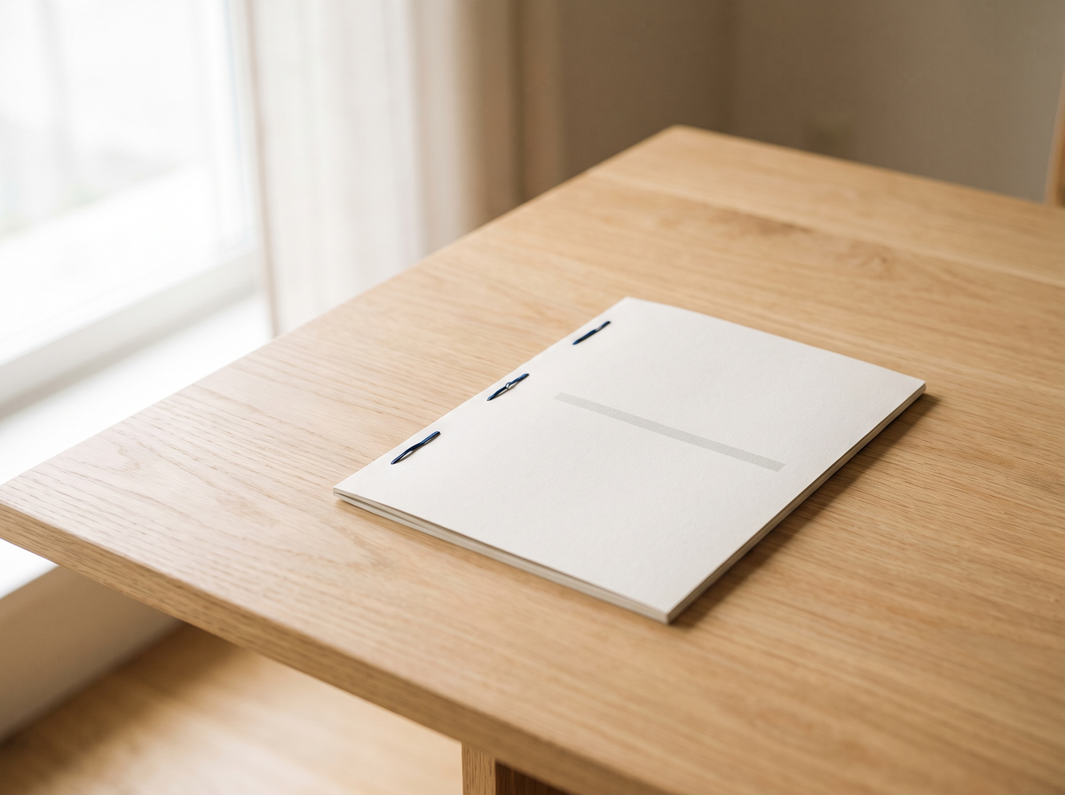 A single stapled document alone on an otherwise empty table