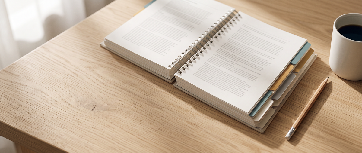A printed reference guide lying open on a wooden table with coloured tab dividers marking its sections